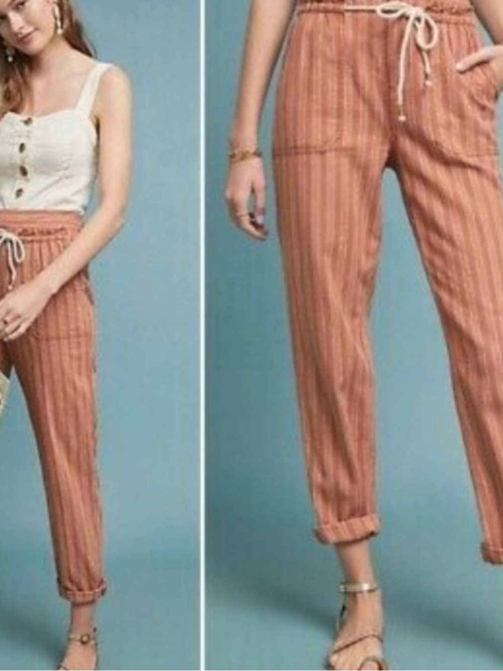 Anthropologie | Seashore Terracotta Striped Linen Pants Medium Petite